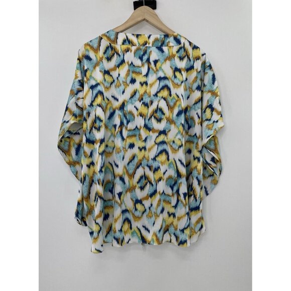 Chicos Ikat Print‎ Satin Poncho Lightweight Tie Front Blouse Sz 1.5 Boho Artsy - Picture 2 of 11